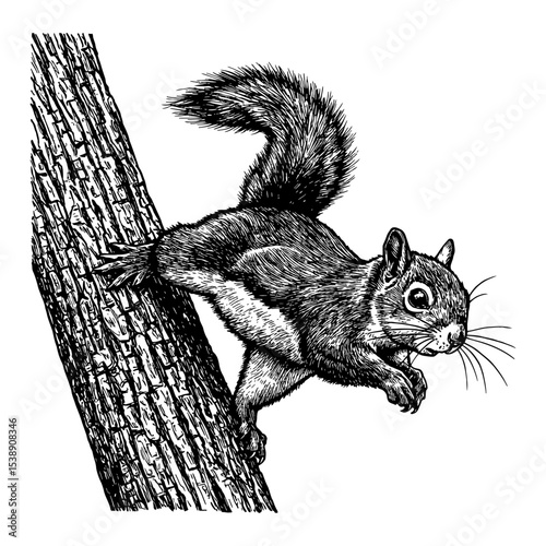 Agile Squirrel Climbing Up a Tree Trunk Detailed Black and White Outline Line Art Drawing Illustration