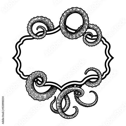 Black and White Outline Line Art Drawing Tentacles Frame Design Blank Label for Marine Theme Vintage