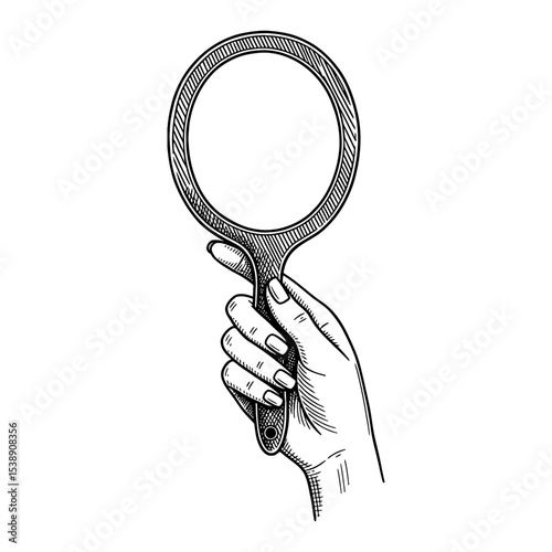 Female Hand Holding Round Mirror in Vintage Black and White Outline Line Art Drawing Illustration