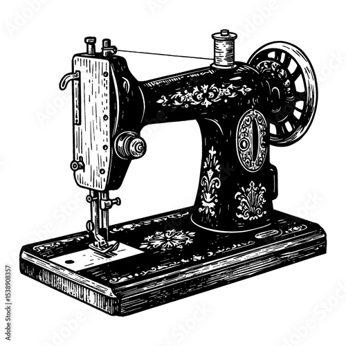Vintage Sewing Machine Black and White Outline Line Art Drawing with Ornate Details Side View Isolated