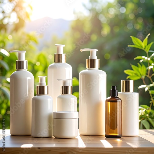 set of cosmetic bottles and towel Organic Skincare Bodycare Beauty products