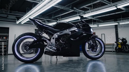 Exploring a sleek motorcycle in a modern garage with bright overhead lighting