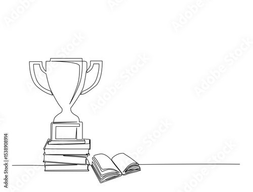 Continuous one line drawing of trophy and books. Trophy and book symbol of success outline illustration. Editable vector.