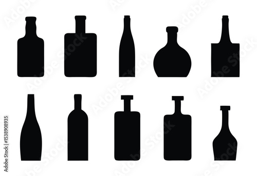 Stylish Black Bottle Silhouette Vector Set for Beverage and Bar Design Inspiration