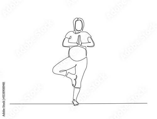 Continuous one line drawing of pregnant mother practicing yoga. Pregnant yoga outline illustration. Editable vector.