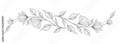 flower and leaves drawing. Vector hand drawn engraved floral card. Botanical, branch and flower Black ink sketch. Great for tattoo, invitations, greeting cards, decor