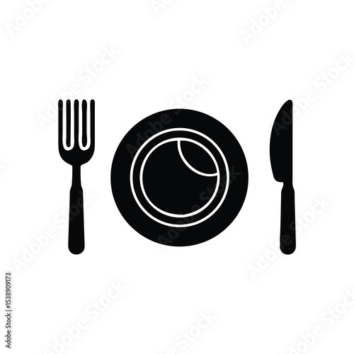Simple Black Fork Knife Plate Vector Icon Set for Restaurant and Dining Design Ideas