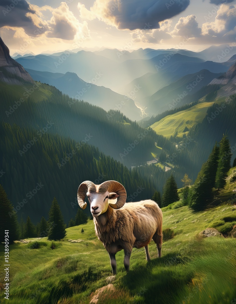 Obraz premium Majestic Ram Standing Proud in a Lush Green Mountain Landscape Under a Dramatic Sky, Nature Scene with Stunning Sunlight