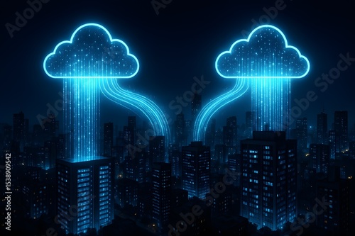 Glowing Data Streams Flowing Between Holographic Cloud Icons and Smart City Servers at Night – Futuristic Digital Infrastructure

