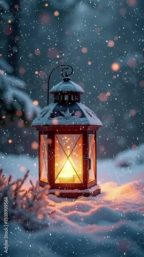Lantern that is lit up in the snow