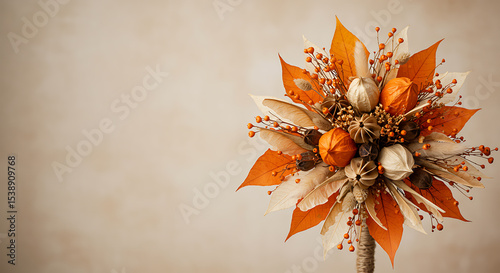 Autumnal bouquet arrangement featuring dried leaves berries and seasonal flora with neutral background