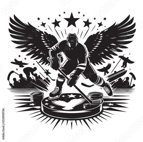 Ice hockey arena player shooting Competitive Team Intense Game. professional forward player