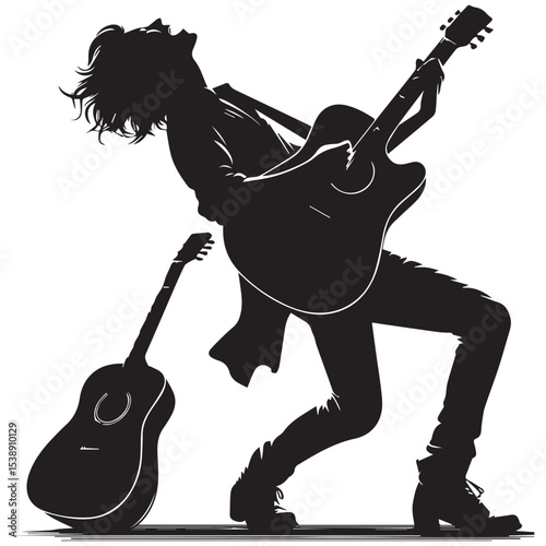 silhouette of a person playing guitar, editable vector image