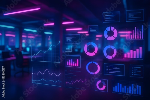 Cyberpunk Neon Open-Space Office Interior with IT Data Overlay – Modern Corporate Strategy Concept for Finance, Marketing, and Operations

