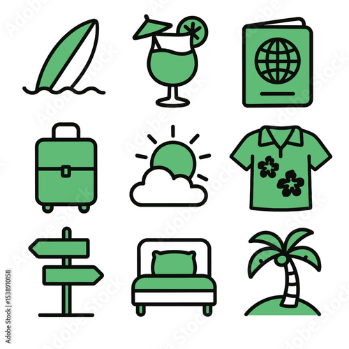 Tropical vacation & Travel icons. Surfboard, cocktail, passport, suitcase, sun, shirt, signpost, bed, palm