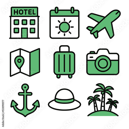 Tropical vacation & Travel icons. Hotel, calendar, plane, map, case, camera, hat