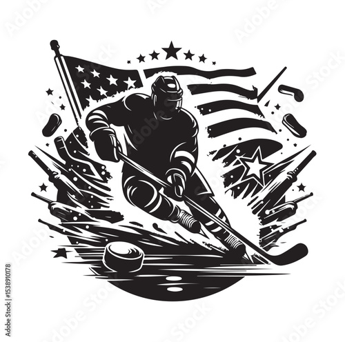 Ice hockey arena player shooting Competitive Team Intense Game. professional forward player