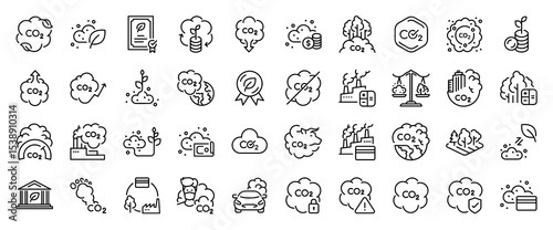 Set of Carbon credit vector stroke icons. such as Carbon Neutral, Calculate, Down, Trade, Absorbing, Badge, Smoke, Money, Increase, Global, Medal, Prohibited, Calculate, City illustration.