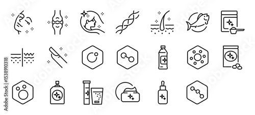 Set of Collagen vector stroke icons. such as Woman, Healthy, Molecule, Old, Dipeptides, Drink, Tripeptide, Gluta, Product illustration.
