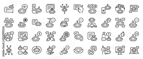 Set of Chatbot vector stroke icons. such as Message, Voice, Prompt Engineering, Message, Calculate, Language, Chat, Assiatant, Connection, Web, Message, Dog, Services, Program, World illustration.