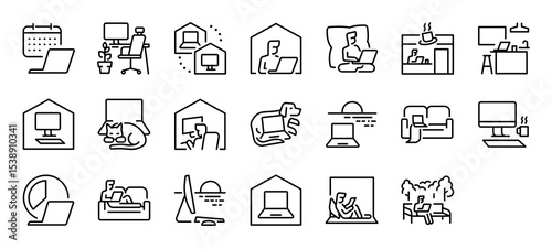 Set of Digital nomad vector stroke icons. such as Weekday, Work, Connection, Work, Working, Kitchen, Computer, Dog, Work Remotely, Time, Sofa, Beach illustration.
