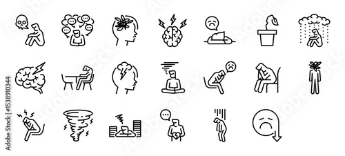 Set of Depression vector stroke icons. such as Suicide, Stress, Social Victimization, Pot, Sad, Mind, Cry, Pain, Love, Negative, Down illustration.