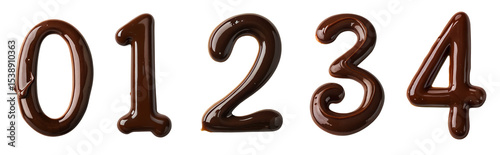 Chocolate numbers from zero to four placed next to each other on a transparent background, perfect for decorating a cake or any holiday culinary theme.