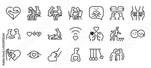 Set of Empathy vector stroke icons. such as Together, Console, Love, Speech, Talk, Hands, Share, Sharing, Emotion, Help, Heart, Eye, Care illustration.