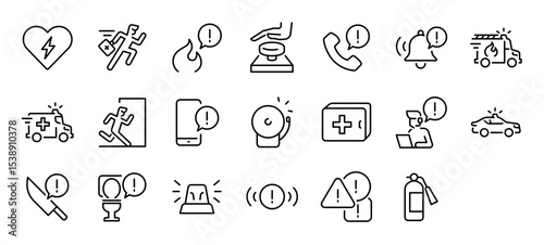 Set of Emergency vector stroke icons. such as Medical, Burn, Button, Telephone, Emergency, Exit, Mobile, Car, Bell, Signal, Sign illustration.