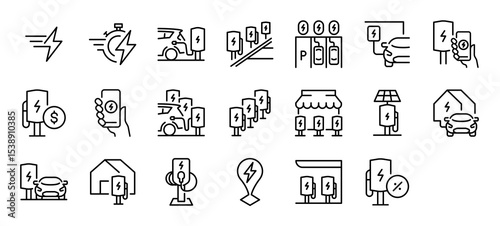 Set of Ev charger vector stroke icons. such as Car, Power, Home, App, Location illustration.