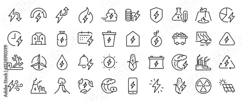 Set of Energy vector stroke icons. such as Power, Steam Power, Seaweed, Geothermal Plant, Time, Fuel, Waste Energy, Biofuel, App illustration.