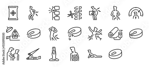 Set of Herniated disc vector stroke icons. such as Ice, Back, Epidural, Gauge, Spinal Disc, Hot, Protrusion Disc illustration.