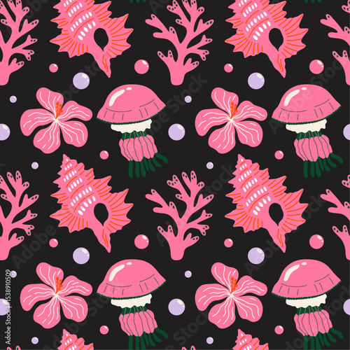 Tropical aesthetic, summer vacation vibes, holiday themed seamless vector pattern with cute groovy funky cartoon illustration of sea, ocean beach objects, shells, exotic flowers, coral reef, jellyfish