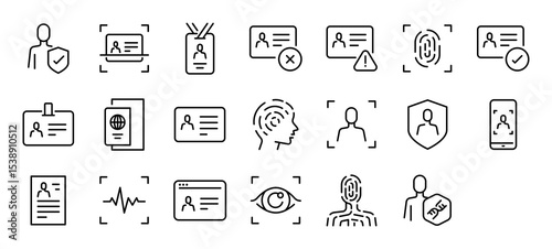 Set of Identity vector stroke icons. such as Caution, Identity, Travel, Security, Mobile, Profile, Voice, Web, Eye illustration.