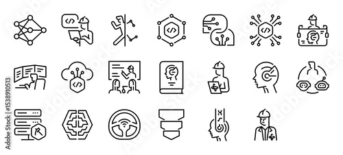 Set of Machine Learning vector stroke icons. such as Layers, Prompt Engineer, Action, Code, Construction, Developer, Teach, Book, Robot, Loop, Database, Processor, Vehicle, Funnel illustration.