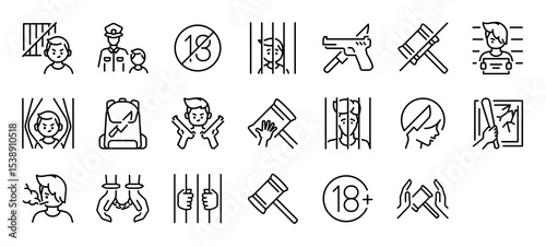 Set of Juvenile crime vector stroke icons. such as Law, Kid , Under, Arrest, Knife, Unjudge, Jail, Justice, Weapon, Crime, Violence, Smoking, Arrest, Hammer, Young illustration.