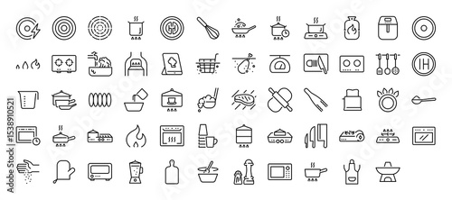 Set of Kitchen vector stroke icons. such as Oven, Cooking , Slow Cook, Kitchen, Casserole, Heat, Vegetable, Utensil, Cup, Pan, Slow Cooker, Skim, Toast, Bread, Electric, Mixed illustration.