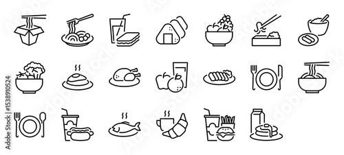 Set of Meal vector stroke icons. such as Food, Nigirimeshi , Fruit, Rice Gruel, Drink, Quick Meal illustration.