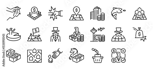 Set of Monopoly vector stroke icons. such as Antitrust, Finance, Location, Business, Money, Travel, Game, World, Partnership, Market illustration.