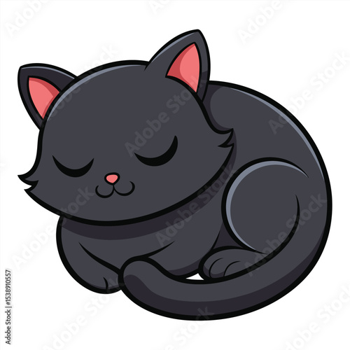 Cute Minimalist Black Cat Sleeping Curled Up Illustration