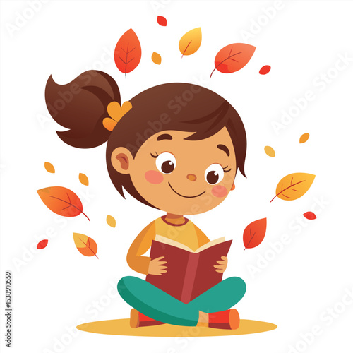 Cute Cartoon Girl Reading Book with Falling Autumn Leaves