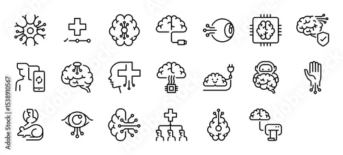 Set of Neural network vector stroke icons. such as Link, Method, Cpu, Network, Connection, Medical, Technology, Mouse, Digital,  illustration.