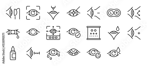 Set of Ophthalmology vector stroke icons. such as Eye, Check, Intraocular, Shortsighted, Contacts, Presbyopic, Disease, Healthy, Chart, Medicine illustration.