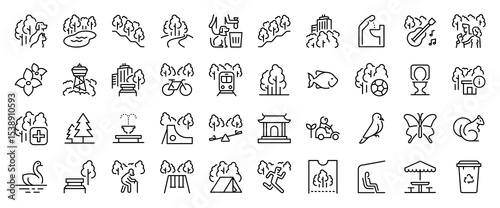 Set of Park vector stroke icons. such as Dog, Nature, Park, Drink, Music, Transport, Exercise, Travel, Medical, Animal, Old, Bus, Delete illustration.
