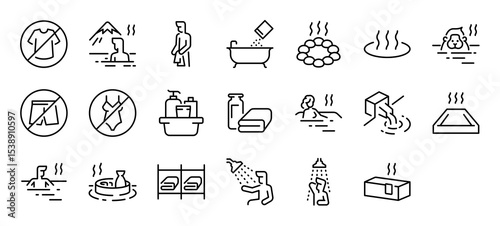Set of Onsen vector stroke icons. such as Clothes, View, Japanese, Onsen Powder, Hot, Forbidden, Bath, After Bath, Woman, Floating, Cleaning illustration.