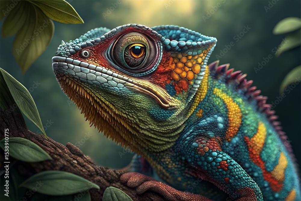 Fototapeta premium Vibrant Close-Up of a Colorful Chameleon on a Branch