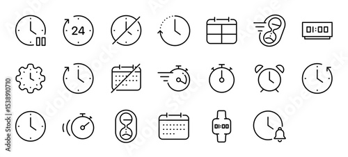 Set of Time vector stroke icons. such as Clock, Time, Hours, Timer illustration.