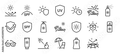Set of Sun protection vector stroke icons. such as Shield, Time, Protection, Spray, Cream, Summer, Sunglasses, Hot, Travel illustration.