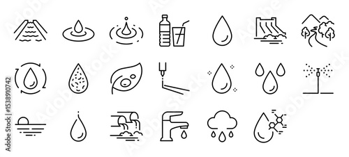 Set of Water vector stroke icons. such as River, Drink, Beverage, Recycle, Water, Natural, Knife, Rain, Spring, Summer, Faucet, Science illustration.