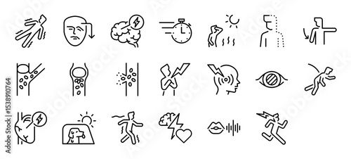 Set of A stroke vector stroke icons. such as Unsteady, Muscle, Disease, Timer, Weather, Stroke, Symptom, Plaques, Platelets, Disability, Heart, Car, Tired, Attack, Communication illustration.
